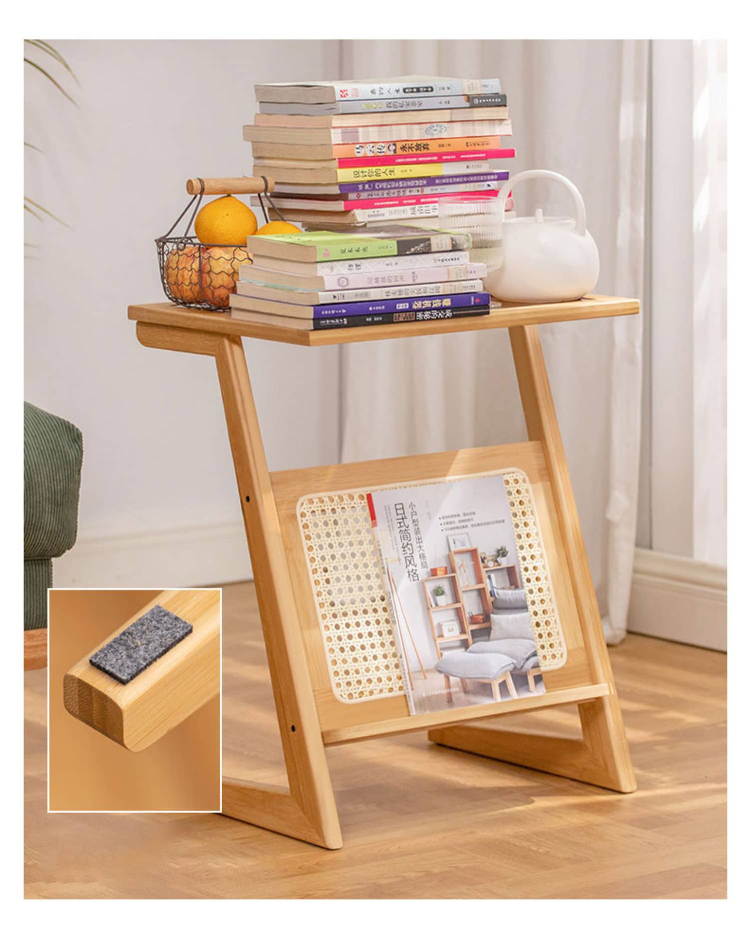 Stunning Natural Wood End Table  with Intricate Bamboo and Rattan Weaving - Reeded Glass Top in Elegant Brown Grey hsl-84