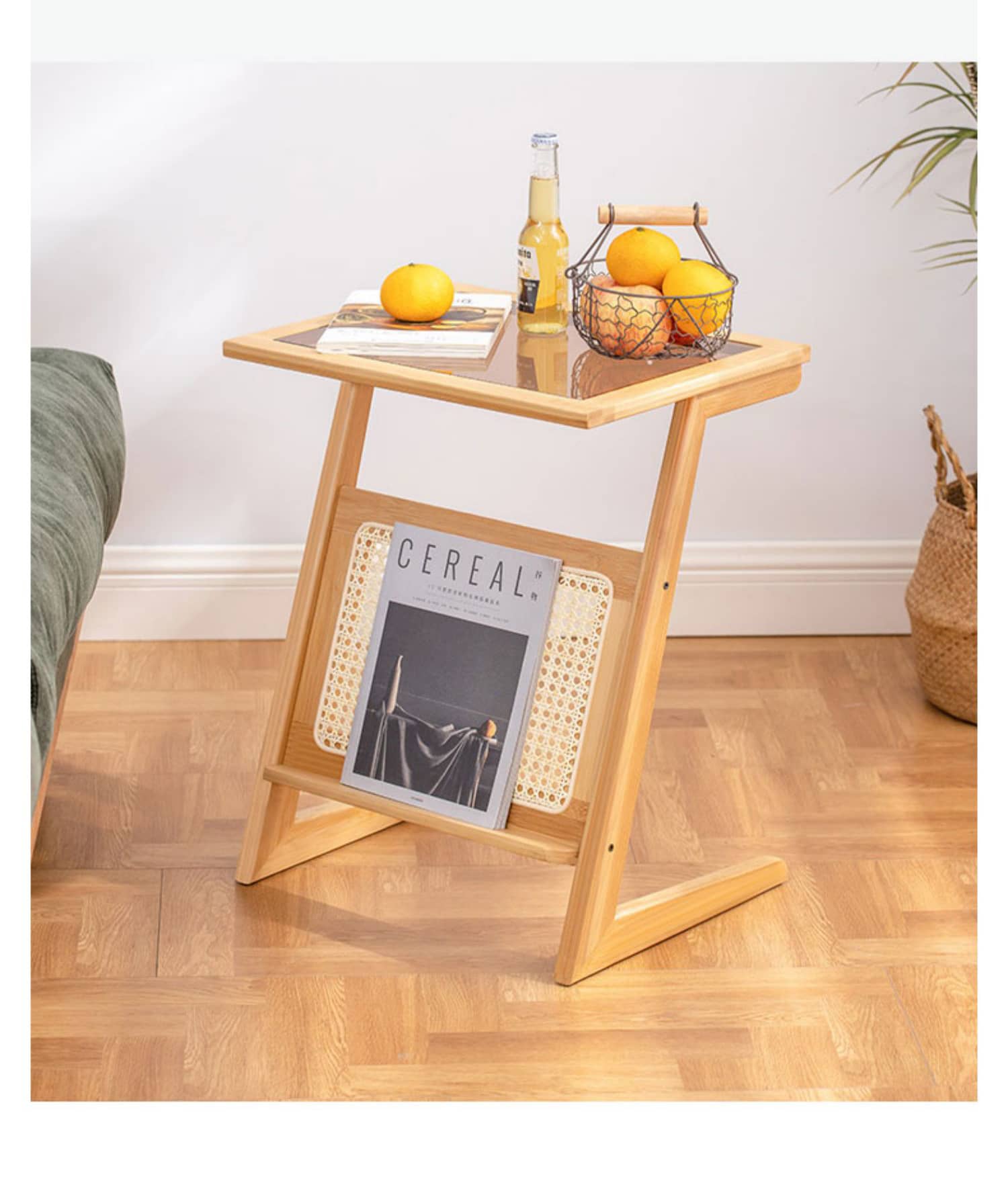 Stunning Natural Wood End Table  with Intricate Bamboo and Rattan Weaving - Reeded Glass Top in Elegant Brown Grey hsl-84