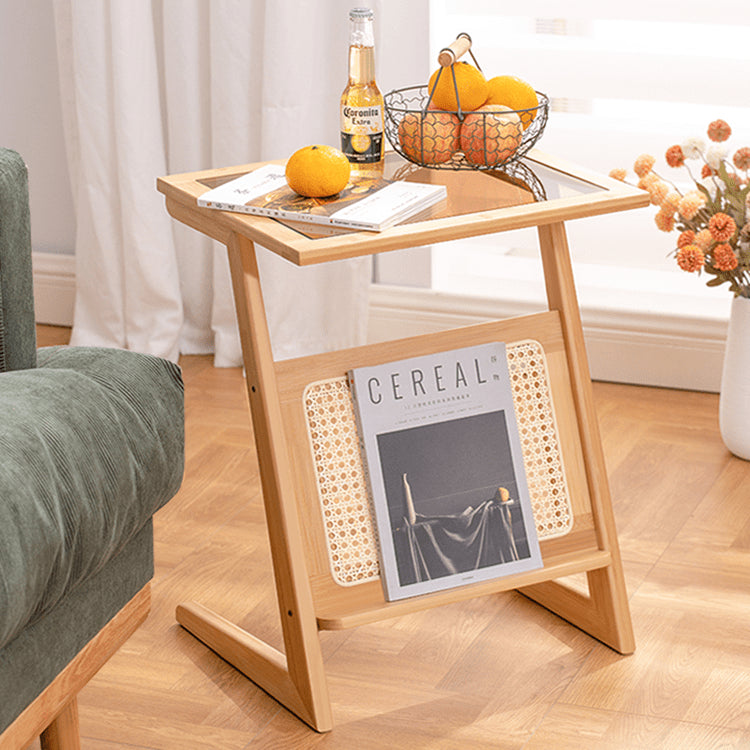 Stunning Natural Wood End Table  with Intricate Bamboo and Rattan Weaving - Reeded Glass Top in Elegant Brown Grey hsl-84