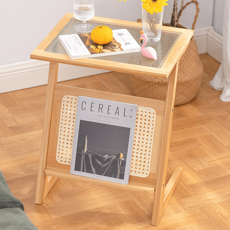 Stunning Natural Wood End Table  with Intricate Bamboo and Rattan Weaving - Reeded Glass Top in Elegant Brown Grey hsl-84