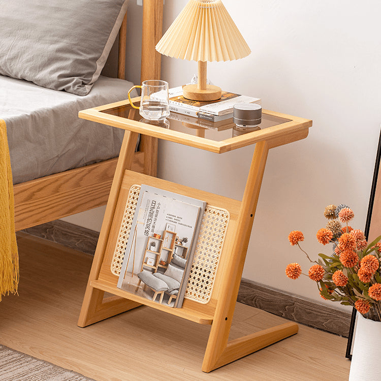 Stunning Natural Wood End Table  with Intricate Bamboo and Rattan Weaving - Reeded Glass Top in Elegant Brown Grey hsl-84