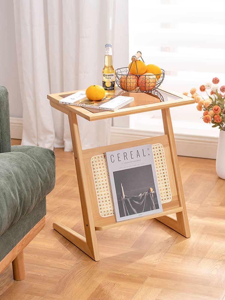 Stunning Natural Wood End Table  with Intricate Bamboo and Rattan Weaving - Reeded Glass Top in Elegant Brown Grey hsl-84