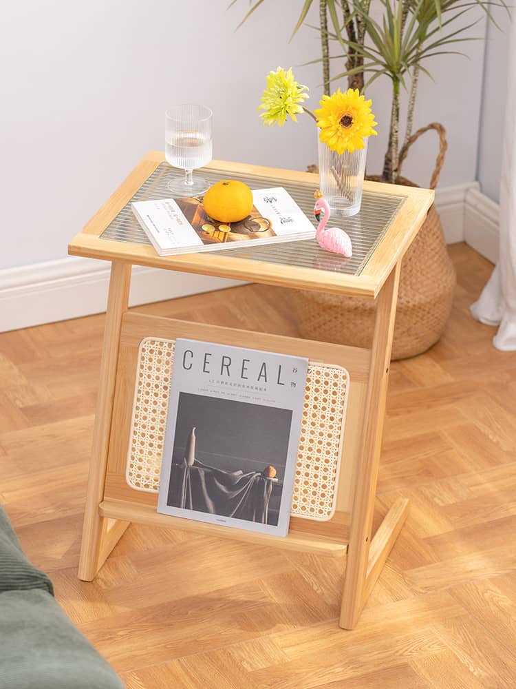 Stunning Natural Wood End Table  with Intricate Bamboo and Rattan Weaving - Reeded Glass Top in Elegant Brown Grey hsl-84