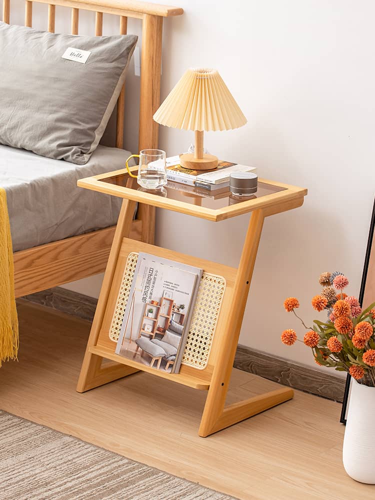 Stunning Natural Wood End Table  with Intricate Bamboo and Rattan Weaving - Reeded Glass Top in Elegant Brown Grey hsl-84