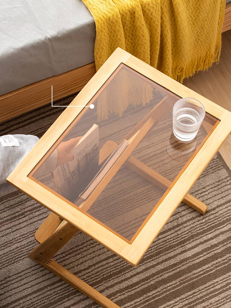 Stunning Natural Wood End Table  with Intricate Bamboo and Rattan Weaving - Reeded Glass Top in Elegant Brown Grey hsl-84