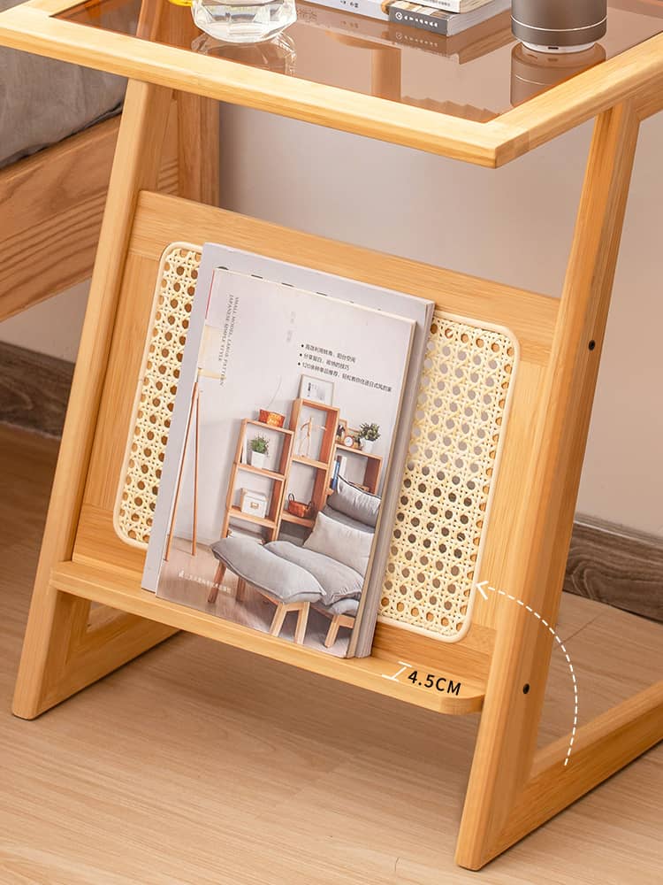 Stunning Natural Wood End Table  with Intricate Bamboo and Rattan Weaving - Reeded Glass Top in Elegant Brown Grey hsl-84