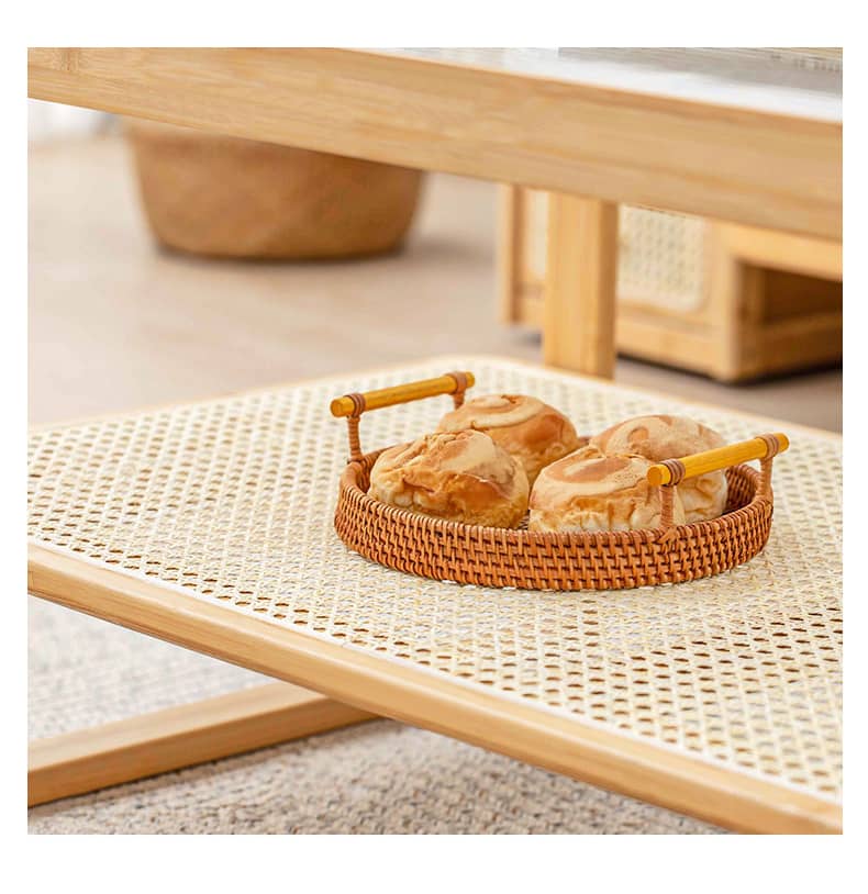 Modern Rectangular Bamboo Coffee Table with Glass Top - Two-Tier with Storage Natural Wood Color Finish hsl-85