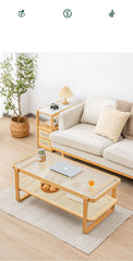 Modern Rectangular Bamboo Coffee Table with Glass Top - Two-Tier with Storage Natural Wood Color Finish hsl-85