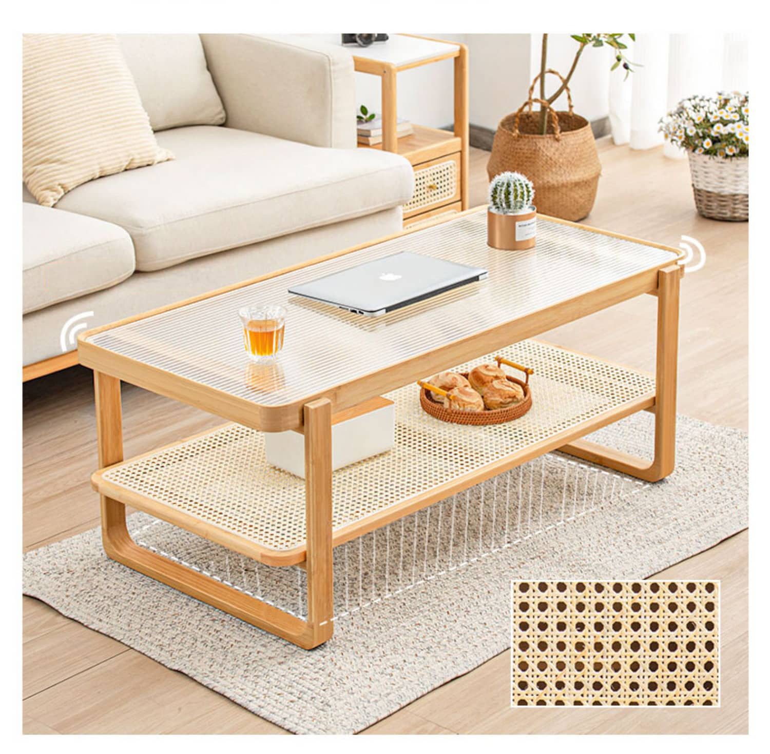 Modern Rectangular Bamboo Coffee Table with Glass Top - Two-Tier with Storage Natural Wood Color Finish hsl-85