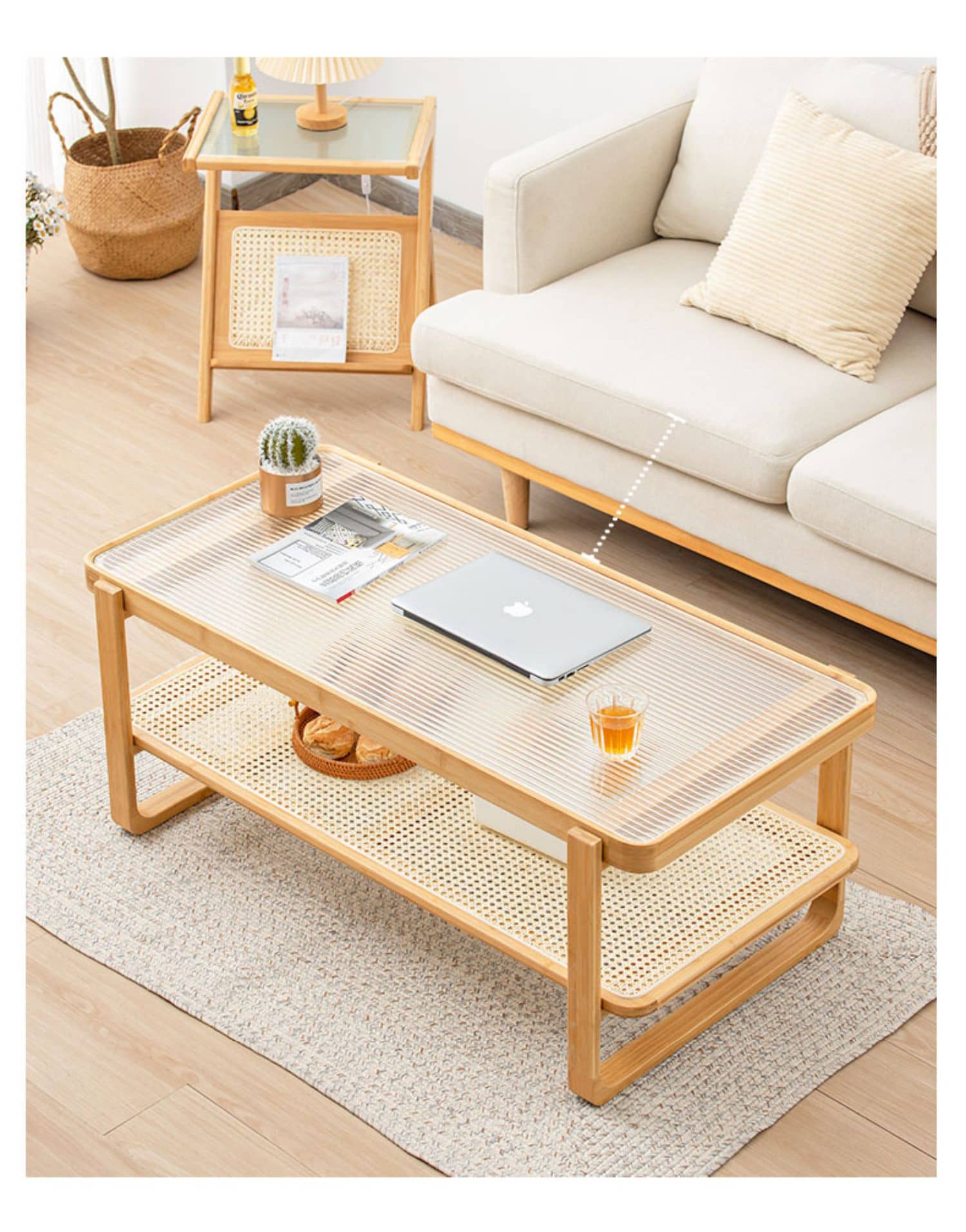 Modern Rectangular Bamboo Coffee Table with Glass Top - Two-Tier with Storage Natural Wood Color Finish hsl-85