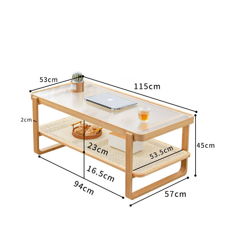 Modern Rectangular Bamboo Coffee Table with Glass Top - Two-Tier with Storage Natural Wood Color Finish hsl-85