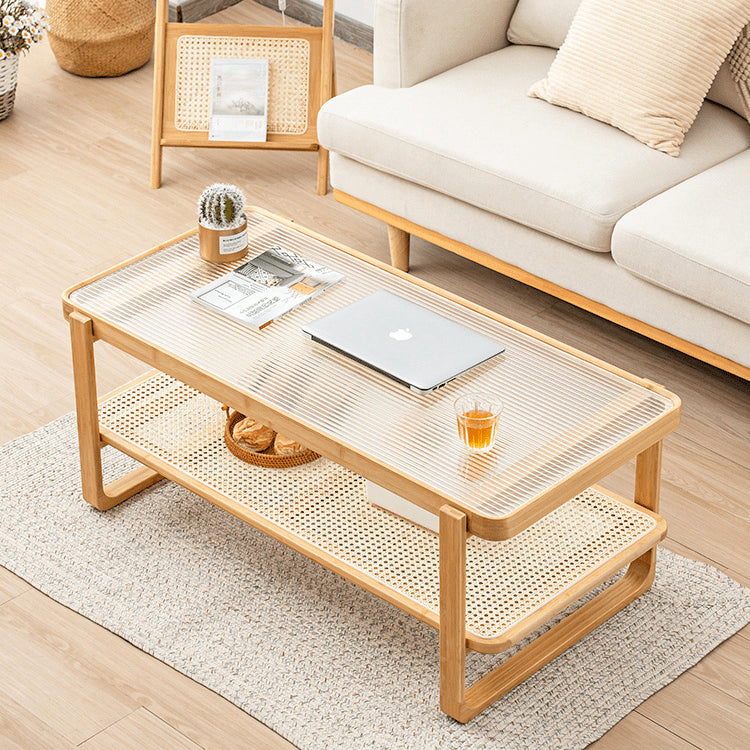 Modern Rectangular Bamboo Coffee Table with Glass Top - Two-Tier with Storage Natural Wood Color Finish hsl-85