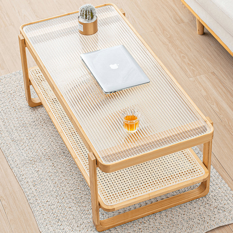 Modern Rectangular Bamboo Coffee Table with Glass Top - Two-Tier with Storage Natural Wood Color Finish hsl-85