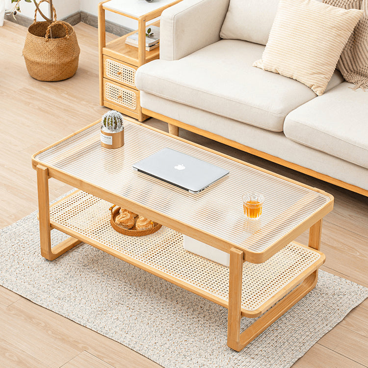 Modern Rectangular Bamboo Coffee Table with Glass Top - Two-Tier with Storage Natural Wood Color Finish hsl-85