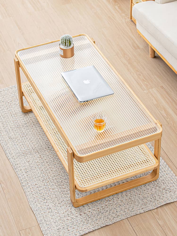 Modern Rectangular Bamboo Coffee Table with Glass Top - Two-Tier with Storage Natural Wood Color Finish hsl-85