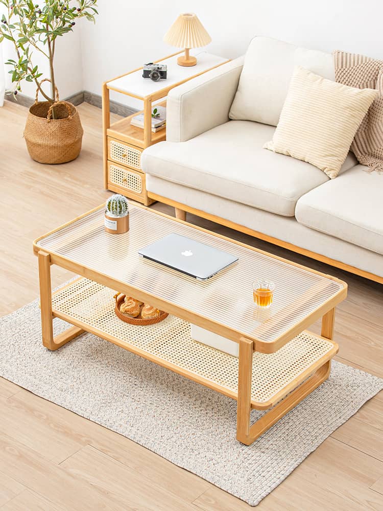 Modern Rectangular Bamboo Coffee Table with Glass Top - Two-Tier with Storage Natural Wood Color Finish hsl-85