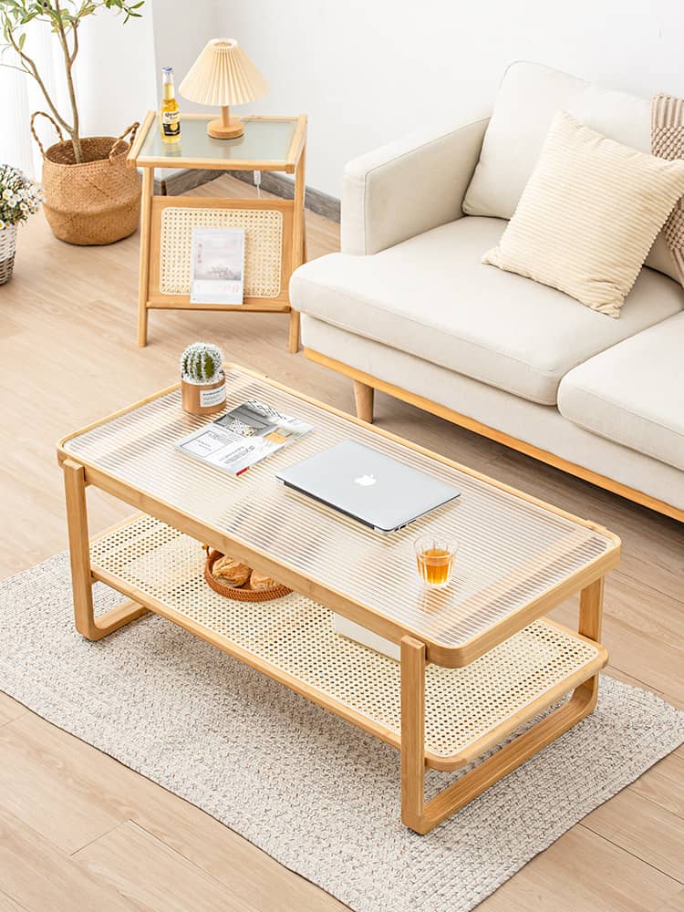 Modern Rectangular Bamboo Coffee Table with Glass Top - Two-Tier with Storage Natural Wood Color Finish hsl-85