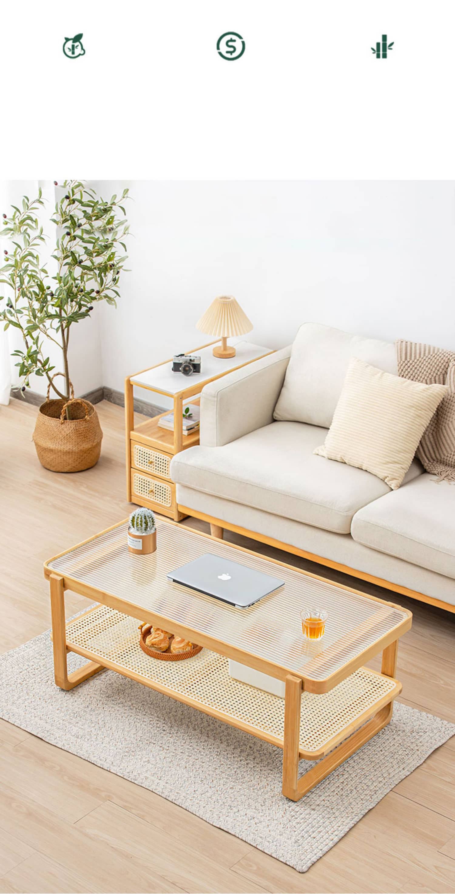 Elegant Rectangular Bamboo Coffee Table – Modern Two-Tier Natural Wood Color Finish hsl-86