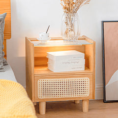 Elegant Natural Bamboo Rattan Nightstand with Glass Top – Stylish Bedroom Storage Solution hsl-87