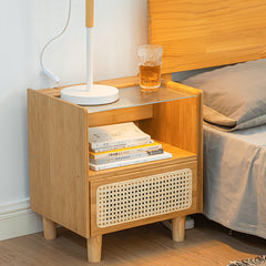 Elegant Natural Bamboo Rattan Nightstand with Glass Top – Stylish Bedroom Storage Solution hsl-87