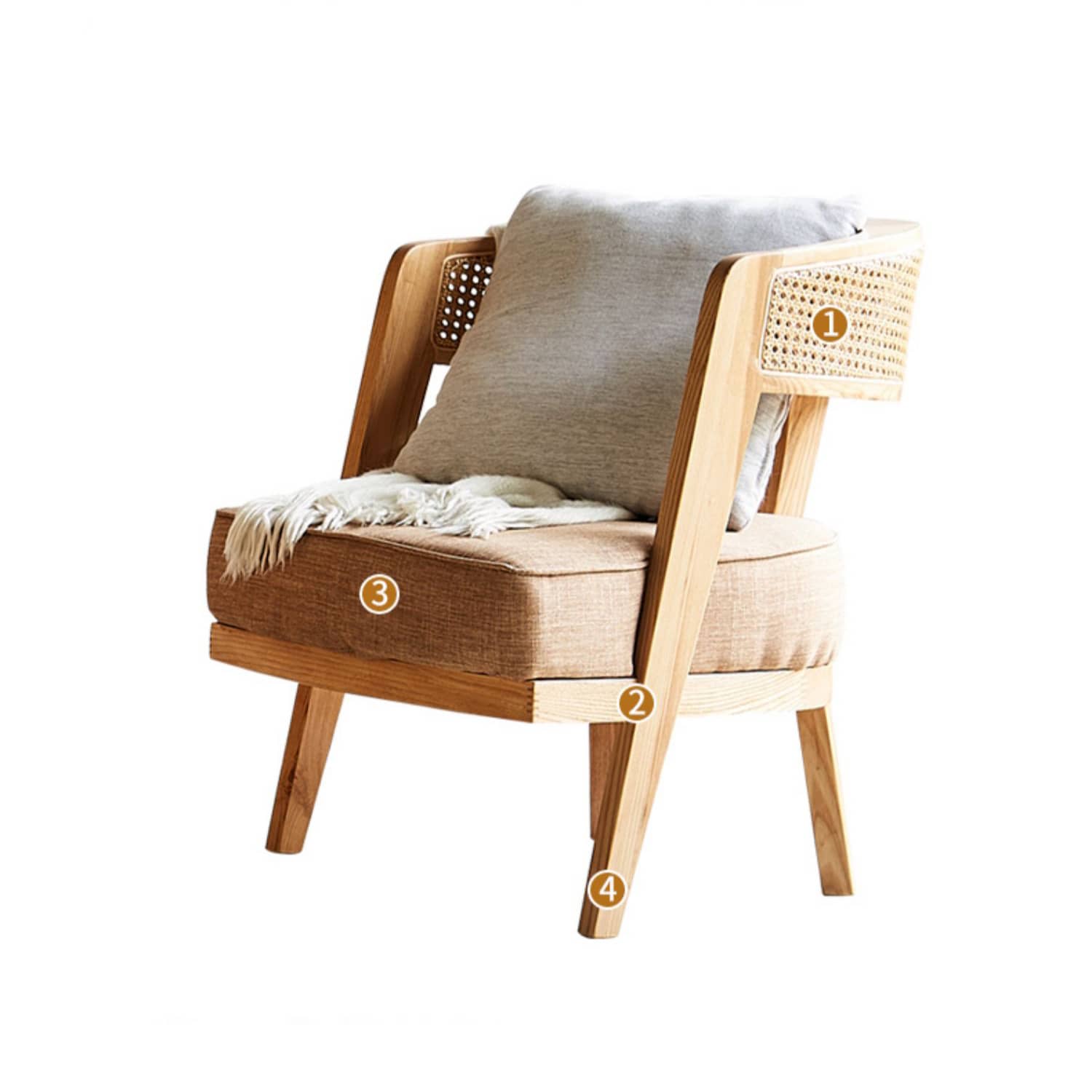 Elegant Ash Wood Lounge Chair with Rattan Back & Cotton-Linen Cushion Upholstery htzm-1501