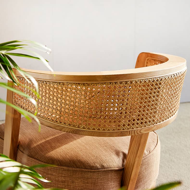 Elegant Ash Wood Lounge Chair with Rattan Back & Cotton-Linen Cushion Upholstery htzm-1501