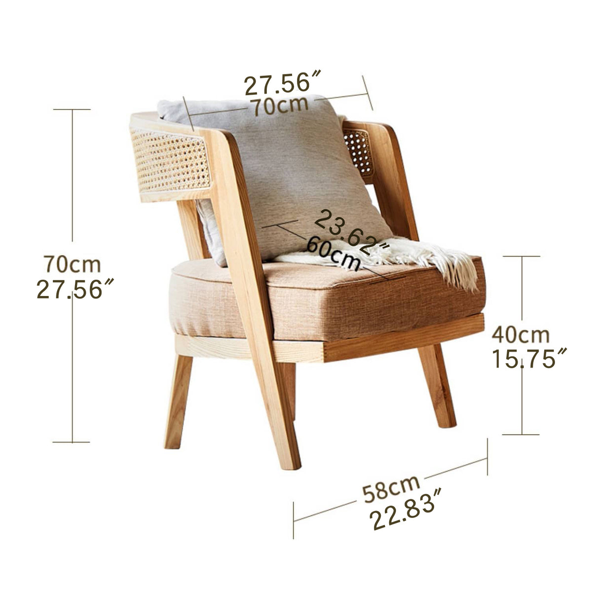 Elegant Ash Wood Lounge Chair with Rattan Back & Cotton-Linen Cushion Upholstery htzm-1501