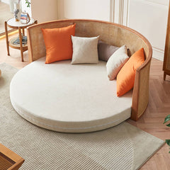 77.2‘’ Sofa Bed in Beige Round with Rattan Back Convertible Sleeper Sofa Cotton & Linen htzm-1505