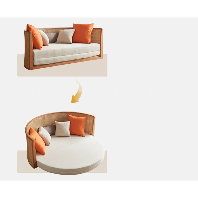 77.2‘’ Sofa Bed in Beige Round with Rattan Back Convertible Sleeper Sofa Cotton & Linen htzm-1505