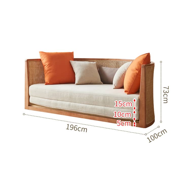 77.2‘’ Sofa Bed in Beige Round with Rattan Back Convertible Sleeper Sofa Cotton & Linen htzm-1505