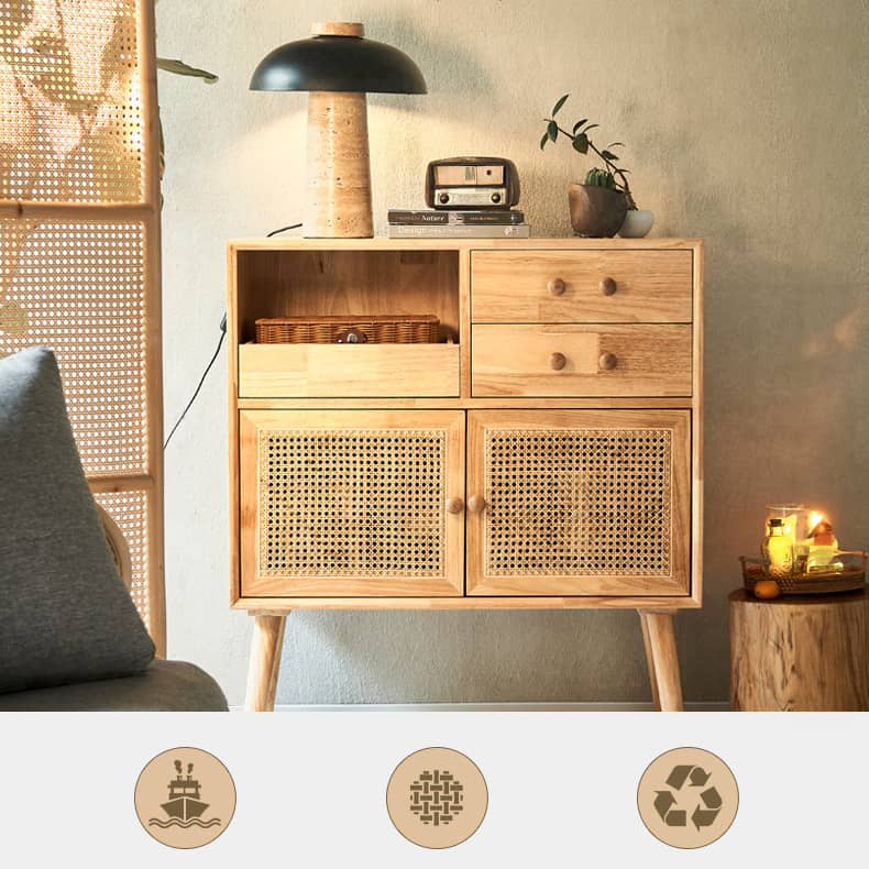 Stylish Natural Ash Wood Cabinet with Elegant Rattan Accents htzm-1507