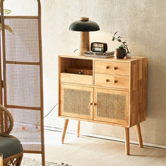 Stylish Natural Ash Wood Cabinet with Elegant Rattan Accents htzm-1507