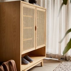 Natural Ash Wood Cabinet with Rattan Accents - Stylish and Durable Storage Solution htzm-1508