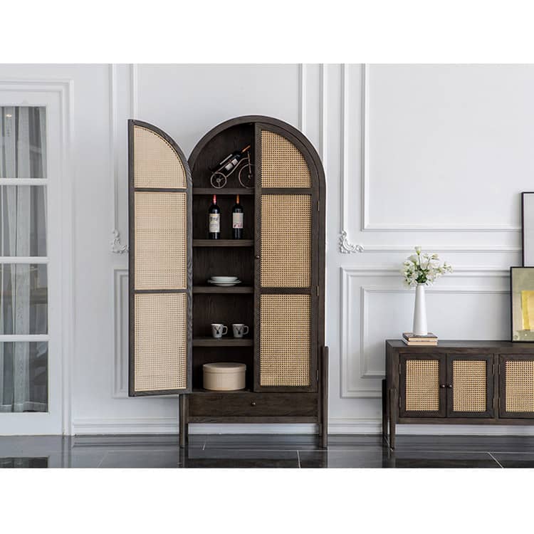 Elegant Black Oak Wood Cabinet with Rattan Accents for Modern Living Rooms htzm-1512