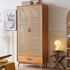 Elegant Ash Wood Wardrobe with Natural Rattan Details htzm-1513