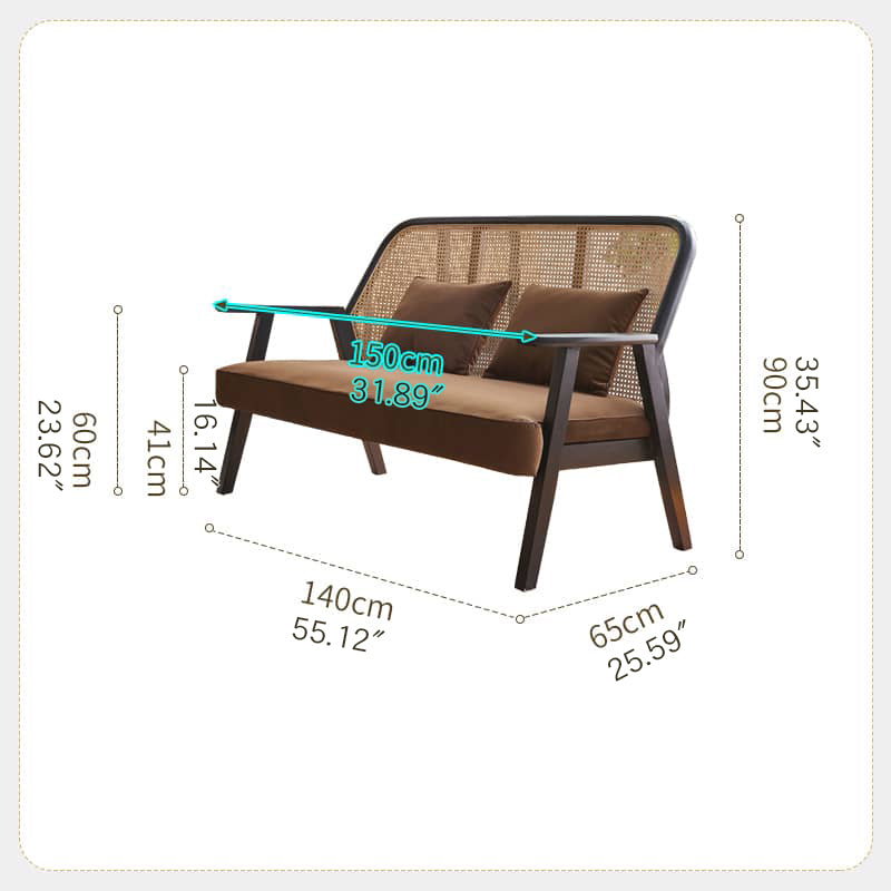 Elegant Dark Brown Ash Wood Sofa with Rattan Detailing - Durable & Stylish Design htzm-1514