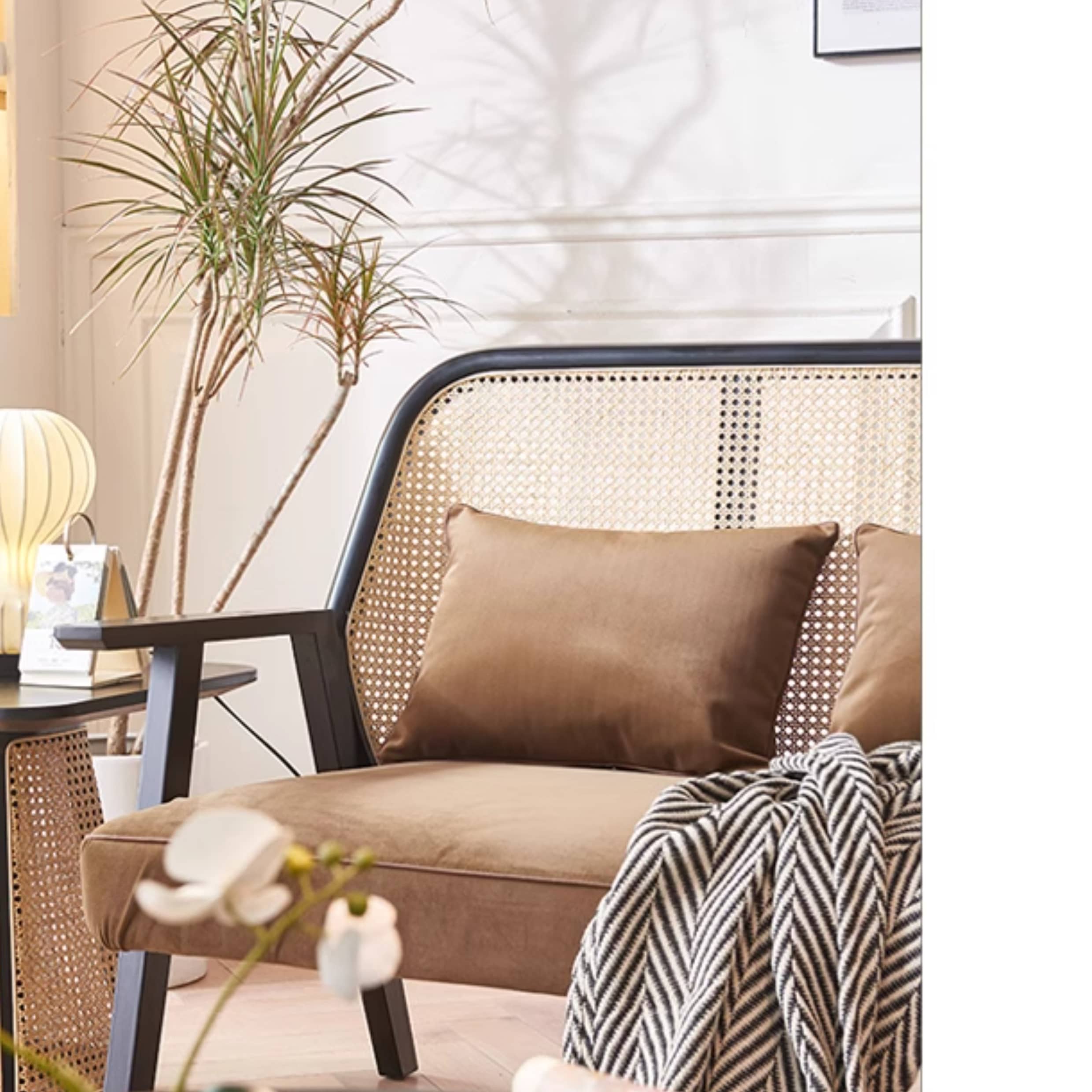 Elegant Dark Brown Ash Wood Sofa with Rattan Detailing - Durable & Stylish Design htzm-1514