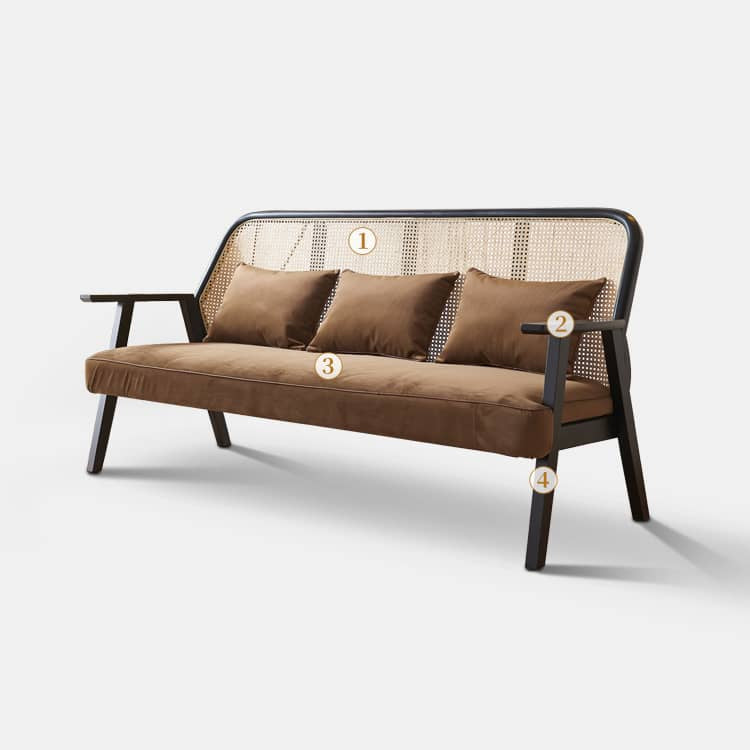 Elegant Dark Brown Ash Wood Sofa with Rattan Detailing - Durable & Stylish Design htzm-1514