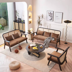 Elegant Dark Brown Ash Wood Sofa with Rattan Detailing - Durable & Stylish Design htzm-1514