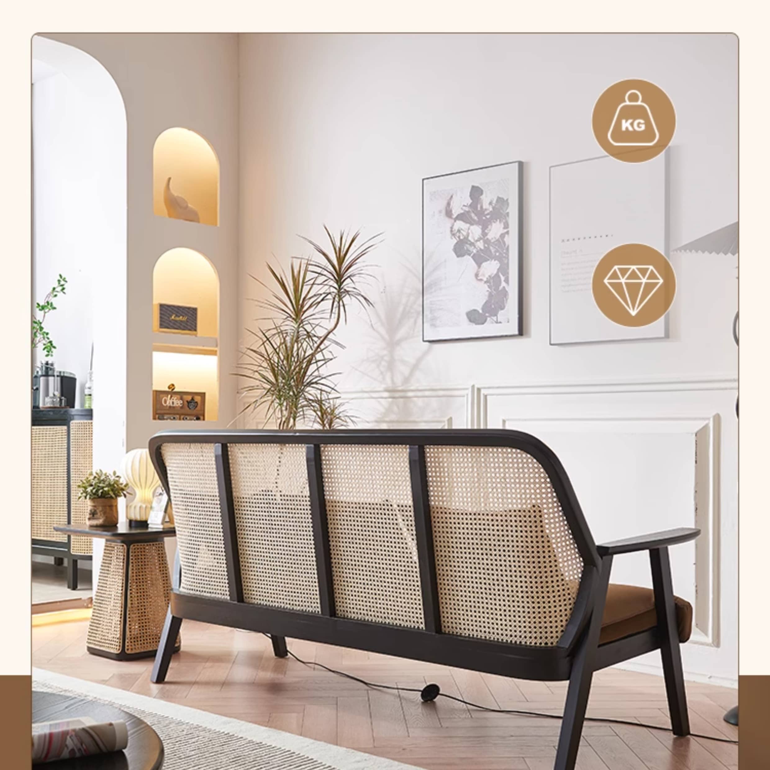 Elegant Dark Brown Ash Wood Sofa with Rattan Detailing - Durable & Stylish Design htzm-1514