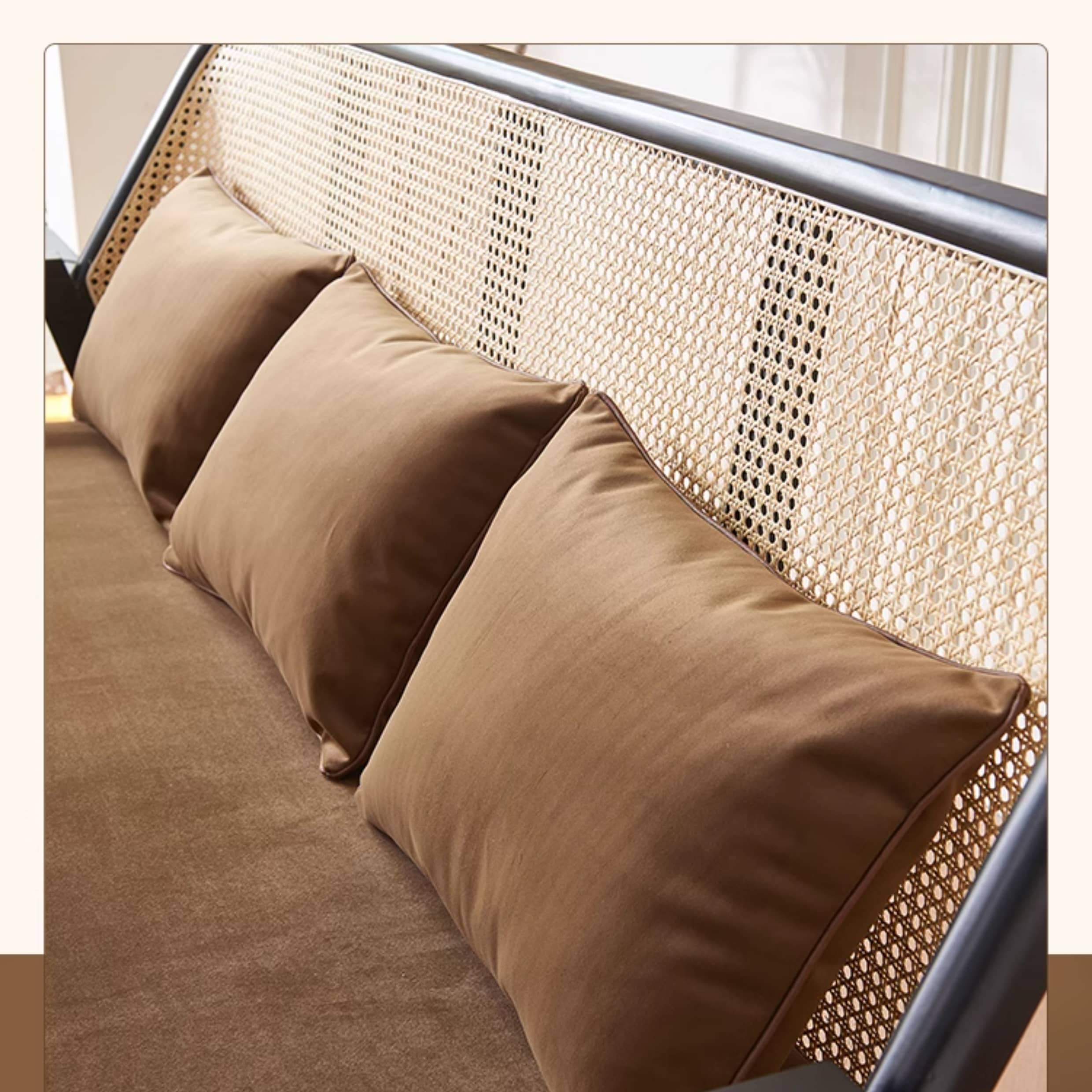 Elegant Dark Brown Ash Wood Sofa with Rattan Detailing - Durable & Stylish Design htzm-1514