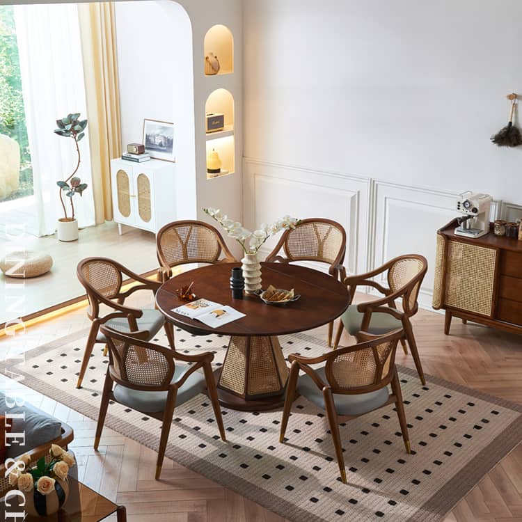 Vintage Dining Table & Chair Set Extendable Round Table with Rattan Chair - Perfect for Diningroom htzm-1520