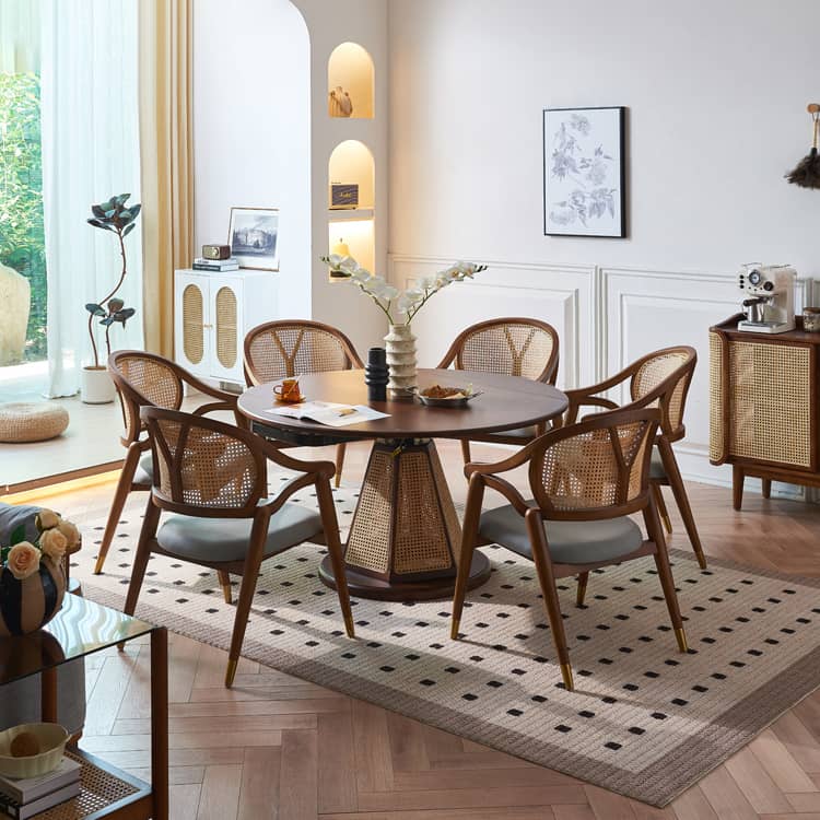 Vintage Dining Table & Chair Set Extendable Round Table with Rattan Chair - Perfect for Diningroom htzm-1520