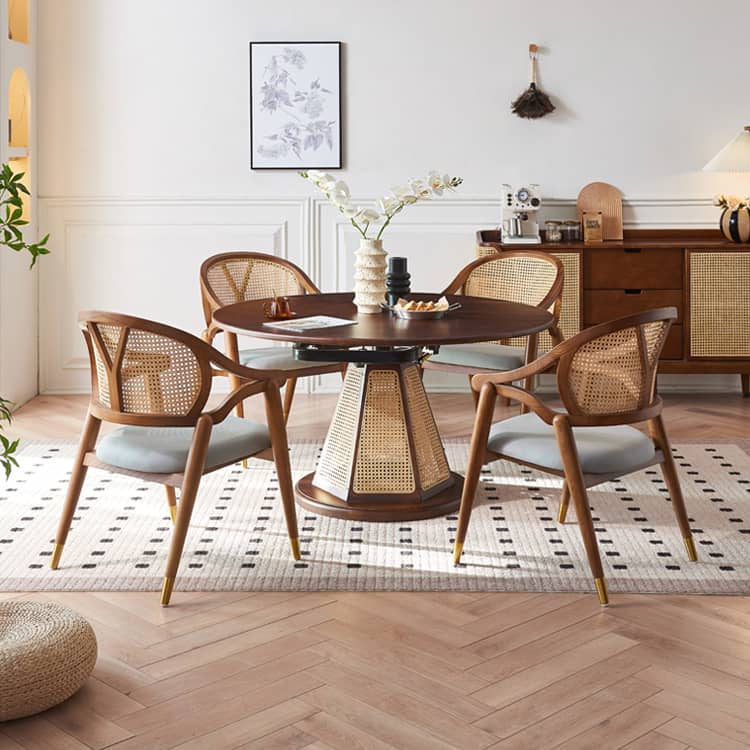 Vintage Dining Table & Chair Set Extendable Round Table with Rattan Chair - Perfect for Diningroom htzm-1520