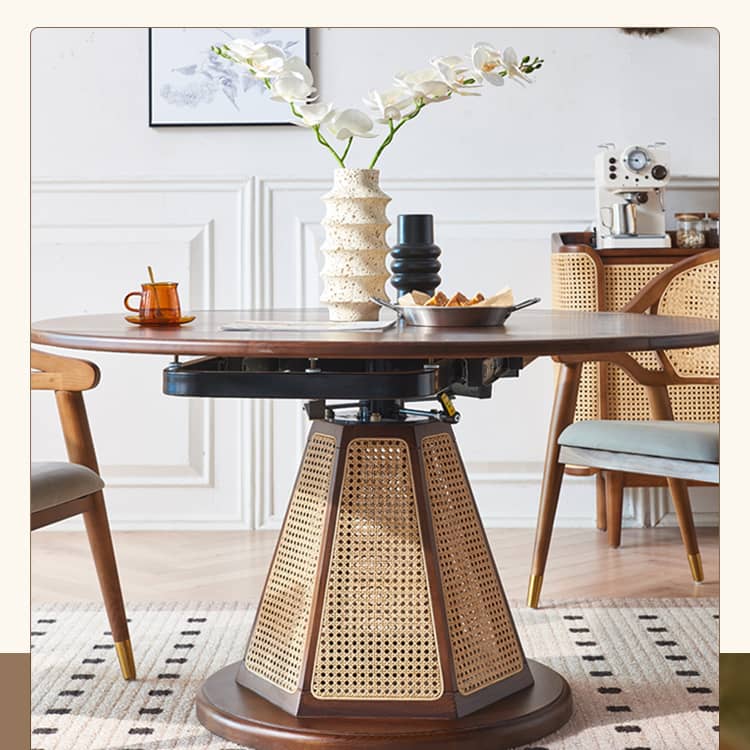 Vintage Dining Table & Chair Set Extendable Round Table with Rattan Chair - Perfect for Diningroom htzm-1520