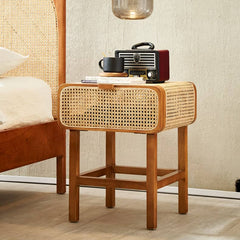 Stylish Ash Wood and Rattan Nightstand - Natural Finish htzm-1524