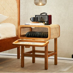 Stylish Ash Wood and Rattan Nightstand - Natural Finish htzm-1524