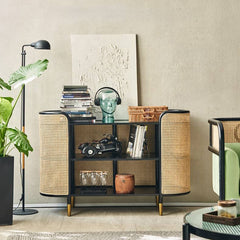 Elegant Black Ash Wood & Rattan Storage Cabinet - Modern Furniture Addition htzm-1525