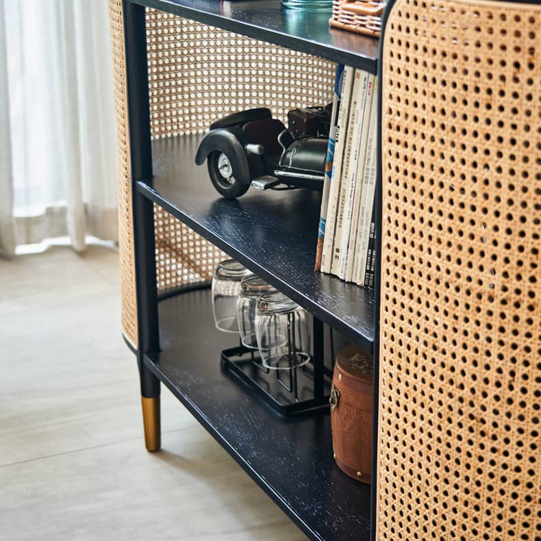 Elegant Black Ash Wood & Rattan Storage Cabinet - Modern Furniture Addition htzm-1525