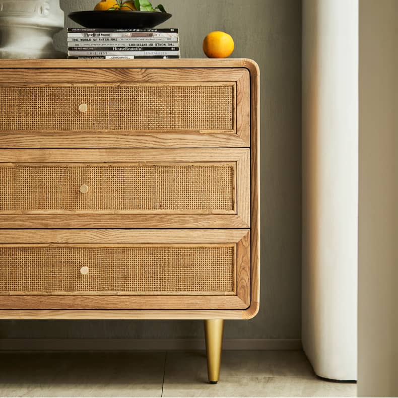 Elegant Natural Wood Ash Cabinet with Stylish Rattan Accents htzm-1526